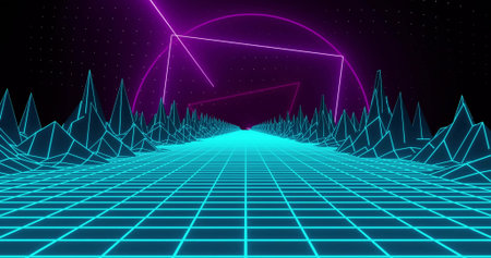 Leading neon cyan grid roadway toward horizon in synthwave, magenta sun and wireframe peaks. Retro,...
