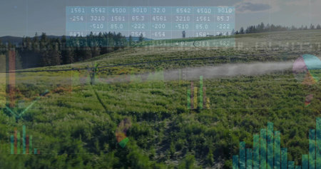 Spraying pivot irrigation arm emitting fine mist over crop rows at farm, with digital overlays....