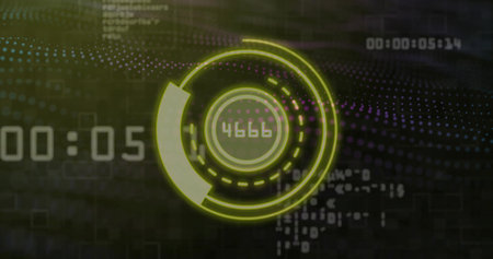 Rotating glowing neon yellow-green HUD displaying readout 4666 in dashboard, with timer 00:05....