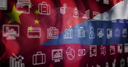 Blending flag showing Chinese stars and Russian stripes waving in digital art with white icons....