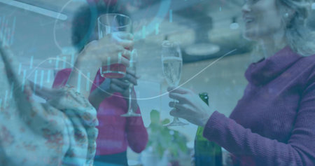 Clinking three women holding wine glasses in kitchen, magenta top, green bottle, chart overlay....
