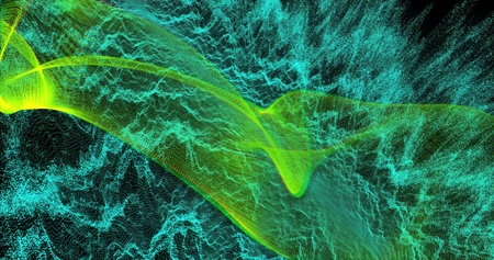 Sweeping neon yellow-green mesh ribbon twisting across generative particle cloud with cyan lines....