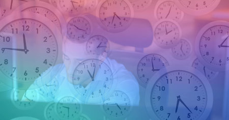 Sitting Latino man wearing white shirt and dark shades in car seat, with translucent analog clocks....