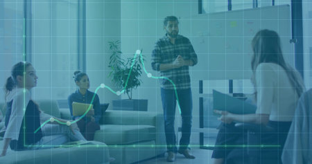 Presenting bearded man in casual attire speaking at whiteboard in lounge with green chart overlay....