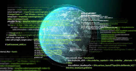 Glowing wireframe globe pulsing in virtual data network, showing floating code and nodes. Sphere,...