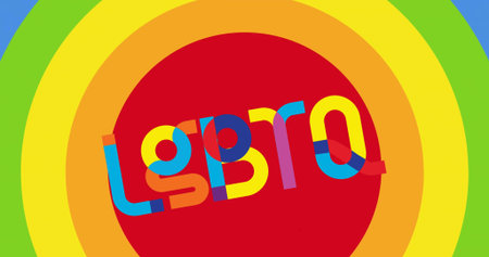 Displaying colorful acronym letters over central red circle on poster, with concentric rings. Rainbow, vector, abstract, geometric, overlay, multicolor, flatの写真素材