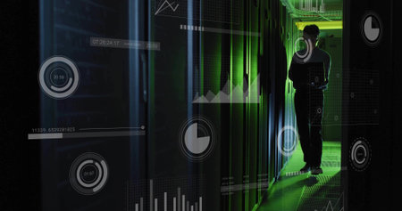 Standing IT technician in dark clothes, holding phone, monitoring HUD in server aisle, copy space....