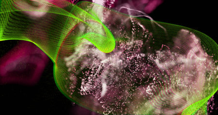 Twisting neon green mesh ribbon rolling on dark backdrop, with pink wisps and tiny glowing speckles....