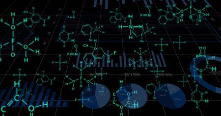 Displaying chemical data on dark grid, showing molecular diagrams, charts, readouts, element labels....