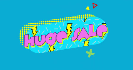 Displaying banner centered on teal field, showing 'HUGE SALE' cyan capsule with lightning bolts....