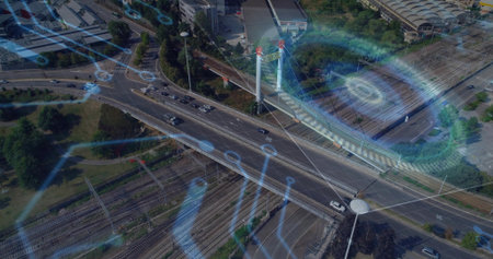 Showing overpass, cable bridge, cars crossing, car motion starting blue overlay for monitoring....