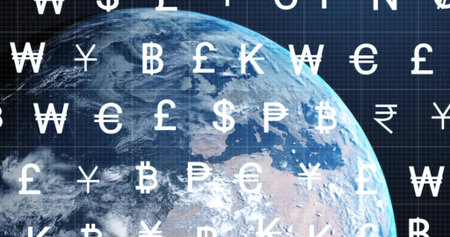 Showing partial Earth floating against dark grid, glowing blue limb and white currency icons. Globe,...