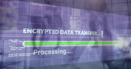 Projecting encrypted graphic on glass at office showing green progress bar, staff wearing jackets....