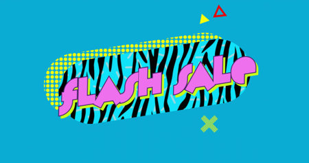 Featuring pill-shaped banner displaying neon FLASH SALE letters on solid teal canvas, zebra stripes....