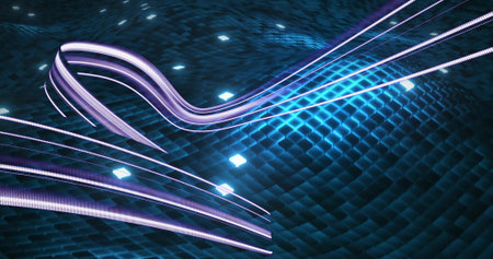 Flowing neon ribbons moving across virtual tiled teal surface showing diamond nodes and streaks. 3d,...