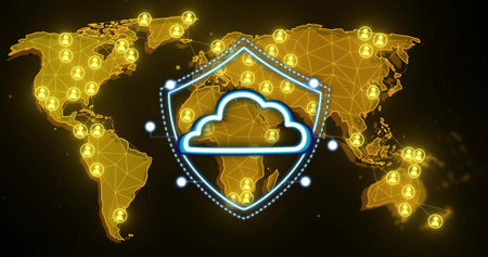 Protecting neon-blue shield holding cloud icon hovering over golden world map, linking user icons....