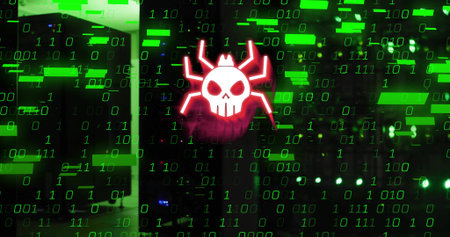 Glowing red skull-spider icon hovering over server racks with green binary code, magenta glow, LEDs....