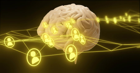 Glowing realistic brain model floating against dark gradient, with yellow network lines and avatars....