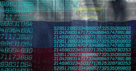 Data overlaying white blue red tricolor, streaming turquoise code on glass, showing hall reflection....