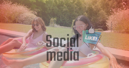 Diverse women friends in swimwear reacting to Social media overlay lounging on pool rings, goggles....