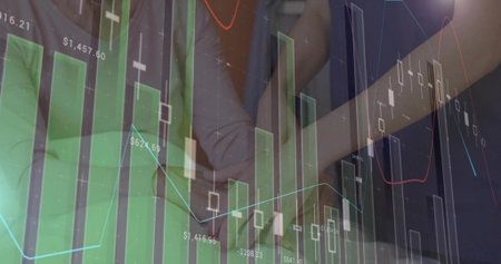 Analyzing two women using tablet in office, in dark jacket and light top, with chart overlay....