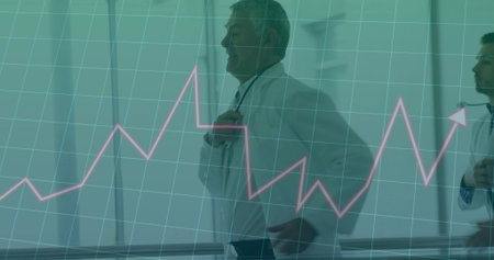 Walking two doctors, senior with badge, through hospital hall, lab coats, glass, pink graph overlay....