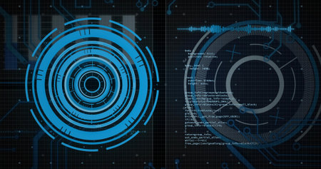 Displaying left cyan ringed HUD on grid with right grey HUD, code, divider, waveform, copy space....