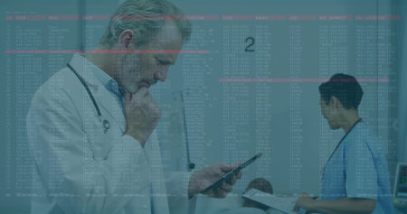 Diverse medical team: senior doctor checking phone, overlay alerting, nurse checking chart....