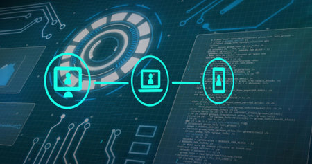 Displaying row three teal device icons linking via line on grid, with HUD and code panel. Dashboard,...