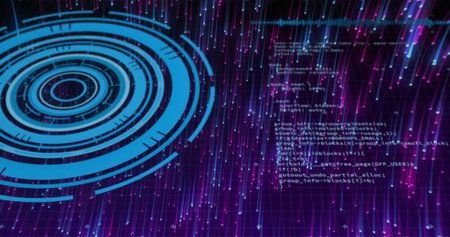 Displaying cyan concentric rings over dark grid with magenta streaks and code HUD, copy space....