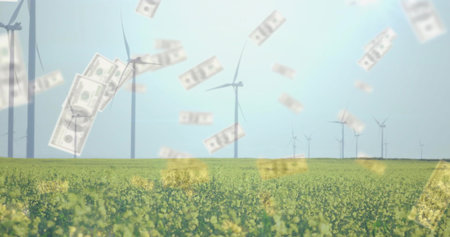 Showing canola field stretching to horizon at farm, with wind turbines and floating US dollar bills. Landscape, farmland, rural, flowering, overlay, finance, wealthの写真素材