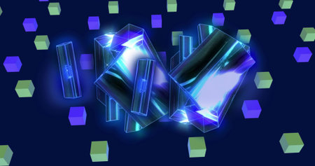 Glowing cluster of translucent prisms floating in deep navy void, with lime-green and violet cubes....