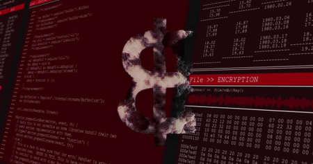 Showing money symbol emitting smoke over monitor, showing code FileENCRYPTION waveform hex glitch....