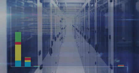 Running central aisle stretching down datacenter, showing server racks, raised tiles, LED and code....