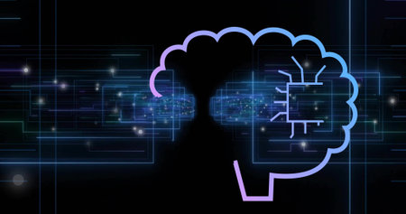 Streaming data panels converging toward stylized neon brain at right in network, with microchip....