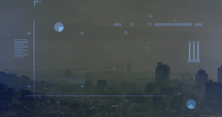 Displaying hazy urban skyline from hilltop, showing low-rise hillside, cylindrical tower, blue HUD....