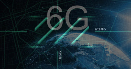 Displaying 6G label and teal beams crossing partial Earth globe on futuristic grid, with nodes....