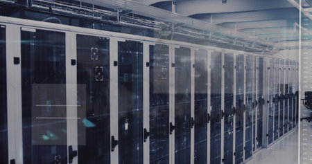 Flashing status LEDs across server racks signaling system alert in data center aisle, with cabling....