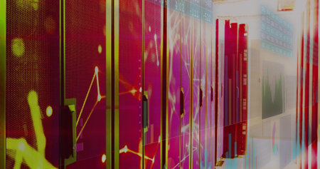 Glowing server cabinet row displaying projected financial charts in data center aisle, with LEDs....