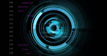 Vertical video: Rotating central HUD graphic pulsing on dark dashboard, showing magenta HTML column....