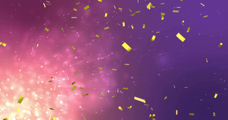 Shining gold confetti and luminous burst creating purple pink gradient backdrop with bokeh sparkles. Metallic, rectangles, reflective, glow, flare, glitter, abstractの写真素材