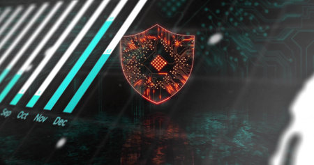 Glowing shield with circuit chip floating on virtual stage mirrored floor, Sep Oct Nov Dec chart. Neon, cyber, security, futuristic, holographic, data, analyticsの写真素材