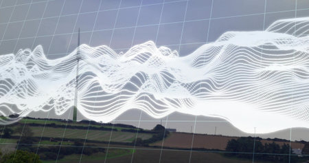 Displaying white data waveform overlay crossing rural fields, showing wind turbine and shed....