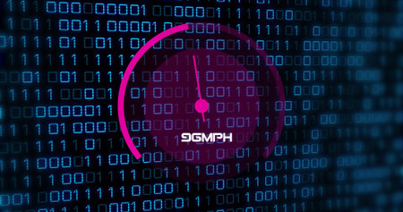 Displaying magenta circular gauge with needle and node over glowing binary digits, showing 96MPH....