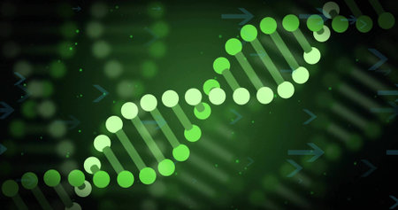 Vertical video: Animating green DNA helix moving diagonally in digital lab, showing nodes and rungs. Genetics, molecule, biotech, stylized, glow, gradient, bokehの写真素材