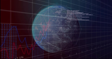 Displaying translucent 3D globe rotating in data dashboard, showing wireframe grid and graphs....