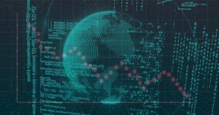 Displaying digitized wireframe globe rotating in VR 3D dashboard, with grid floor and code streams....
