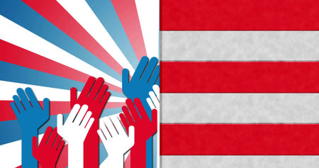 Showing cluster of stylized raised hands reaching upward in vector poster, radial burst stripes....