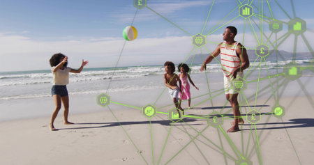 Playing family throwing, chasing colorful beach ball at shore, woman in denim shorts, tech overlay....