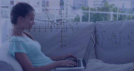 Reclining woman wearing light blue T-shirt and pale pants using laptop on sofa, with floating math....